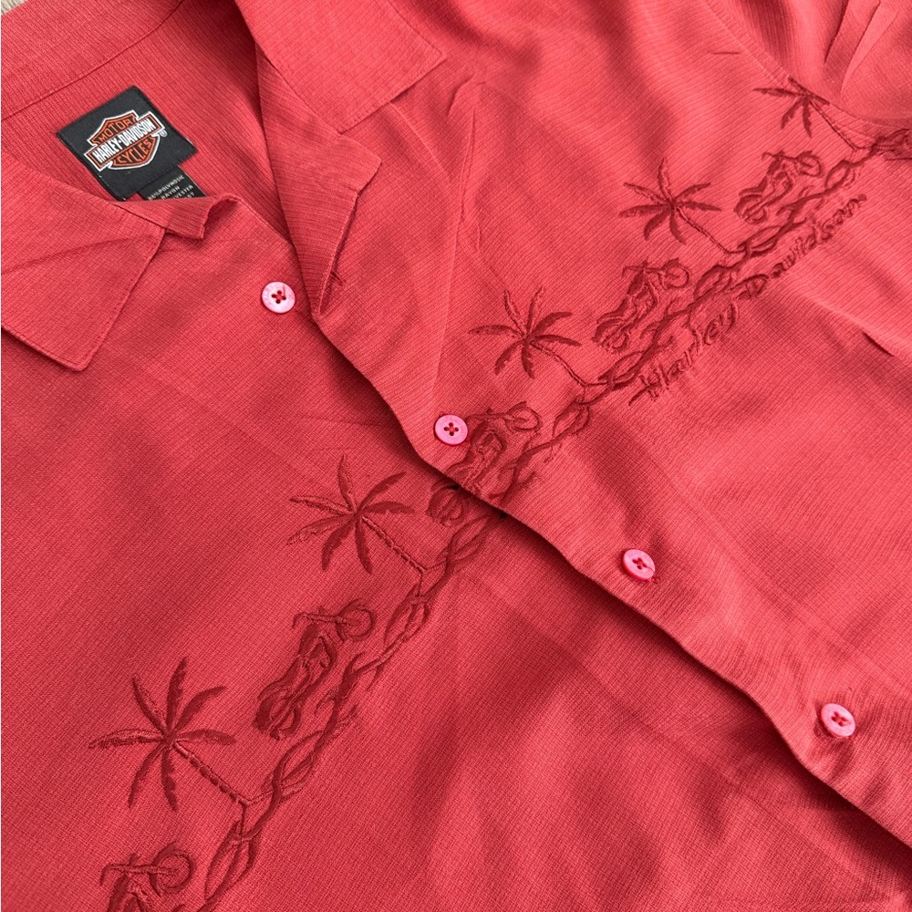 Harley-Davidson Coral Red Short-Sleeve Embroidered Camp Shirt Morcycyles Palms